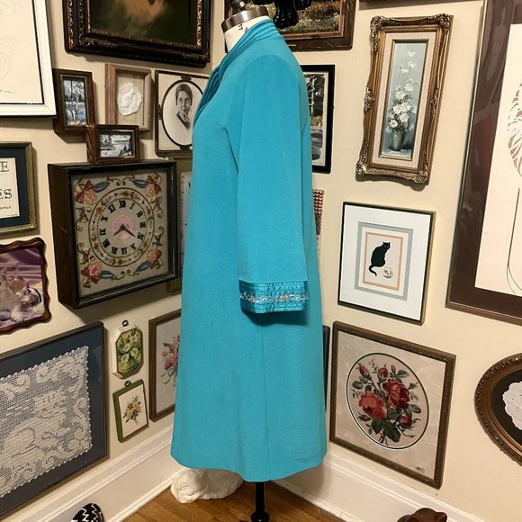 80s Vintage JCPenney Green Fleece Zip Front Midi Robe with Sculpted Neckline M - Picture 2 of 6